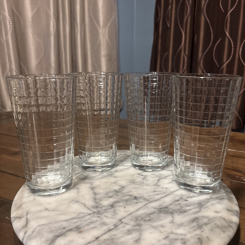 4pc VTG 60s MCM Pasabahce Block Optic Check 3D Highball Tumbler 6" Pint Glass